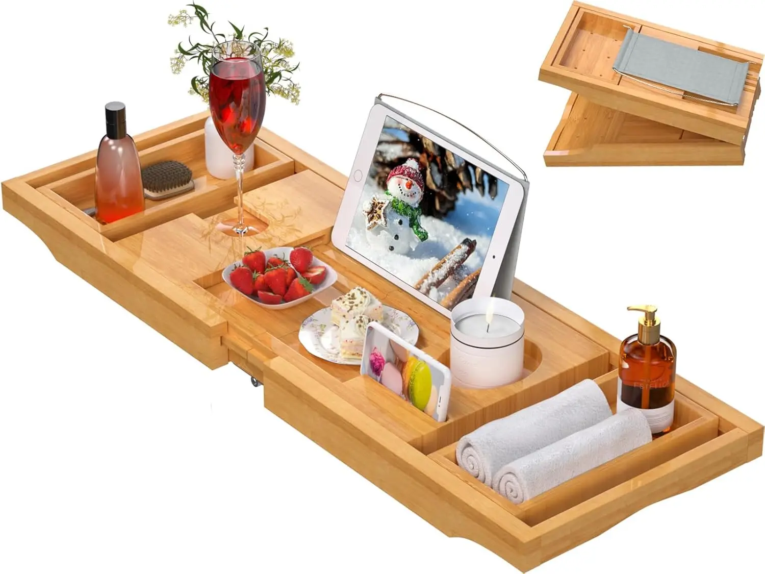 

Foldable Bamboo Bathtub Tray with Adjustable Length, Book and Wine Glass Holder for Relaxing Spa Baths