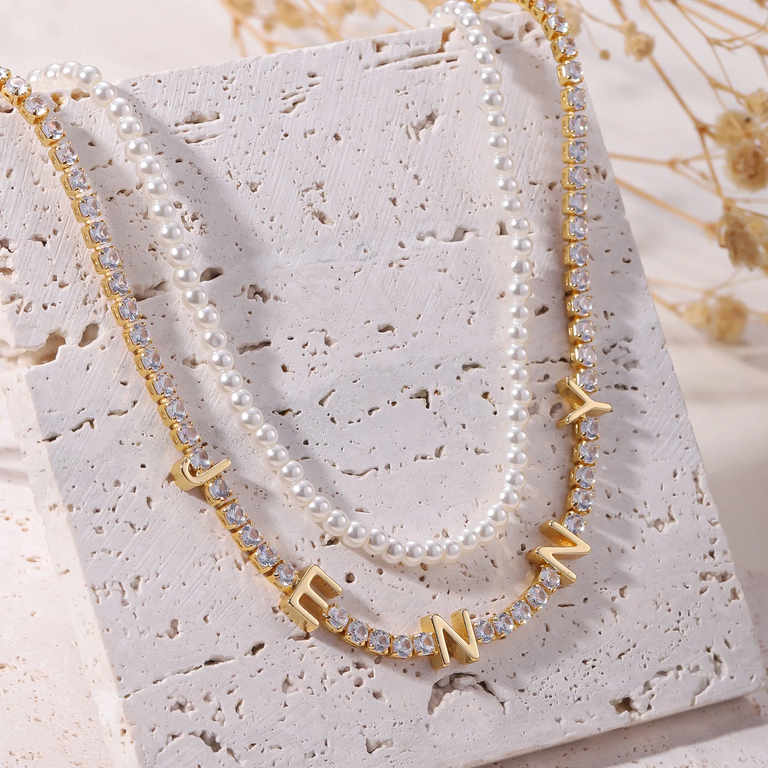 

Custom Letter Necklace Stackable Set 18K Gold Plated Sparkling Zircon Chain Freshwater Pearl Anniversary Christmas Gift for Her