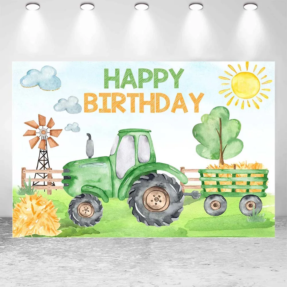 Mocsicka Child Birthday Backdrop Farm Green Tractor Boy Birthday Party Decor Background Photo Studio Photoshoot Customize Banner