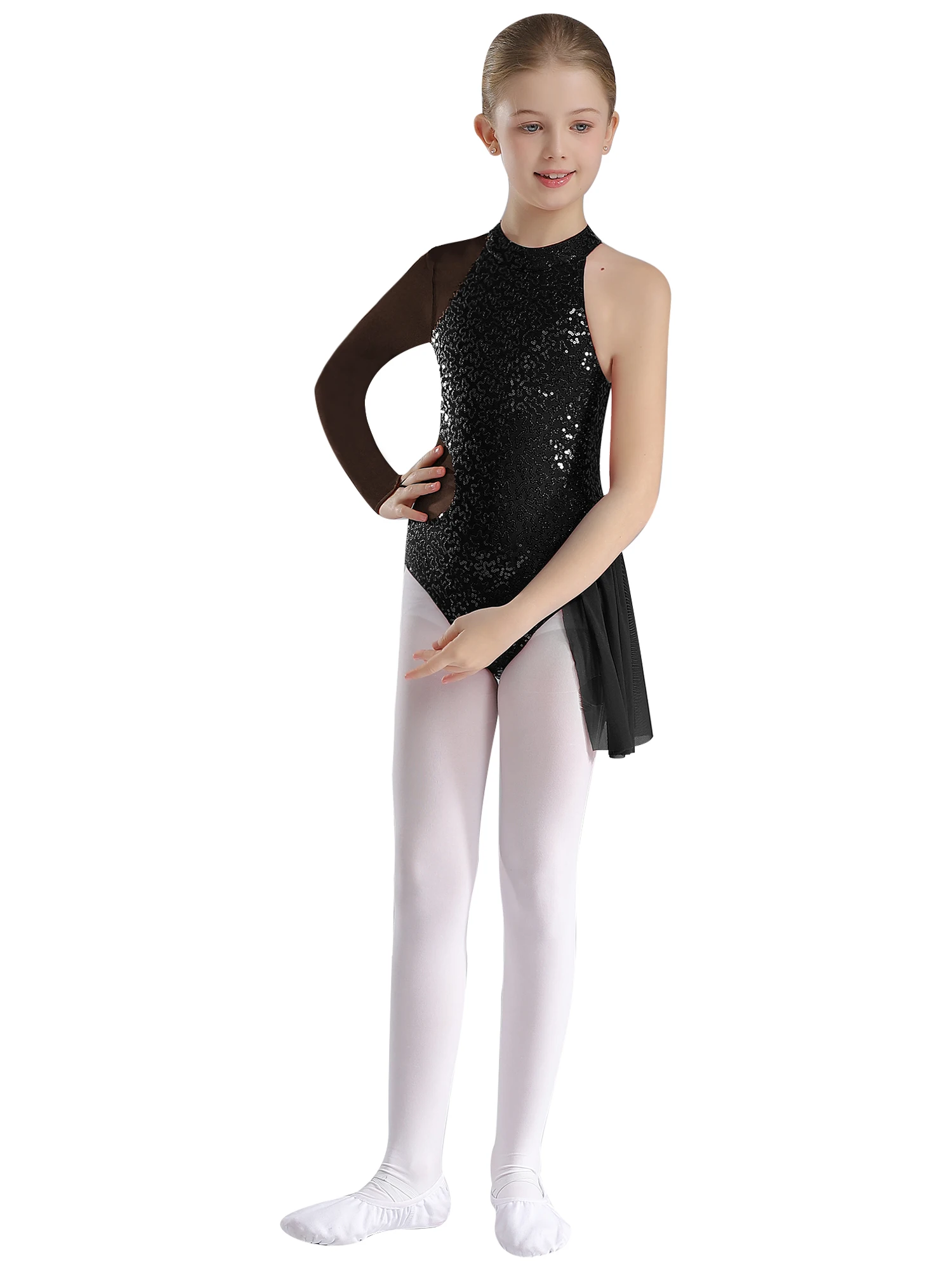 Kids Girls Figure Skating Ballet Jersey Leotard Costume for Tango Chacha Latin Dancing Glittery Bodysuit Sheer Mesh Jumpsuit