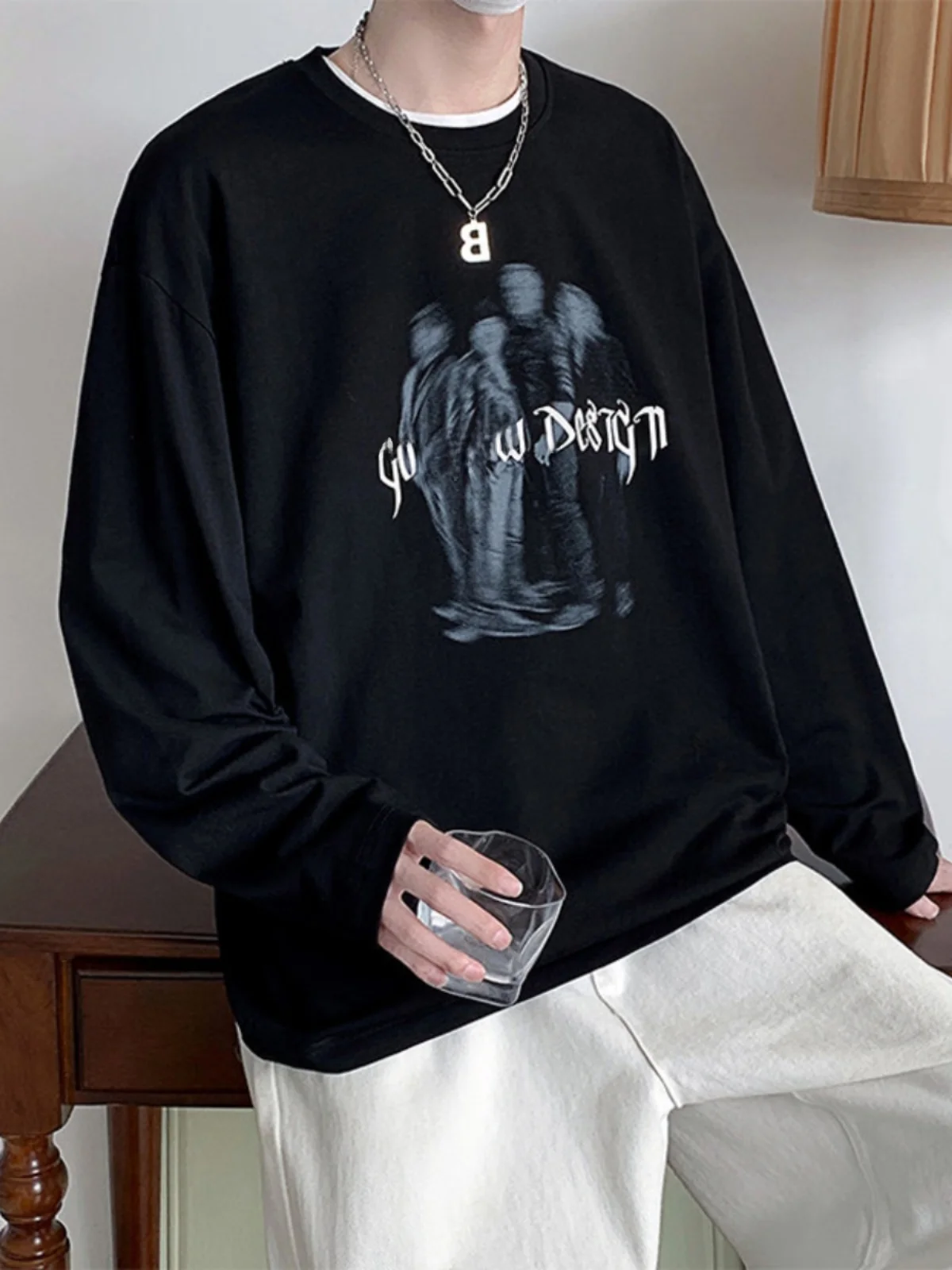 

Хлопковая футболка Bla Long Sve, мужская свободная футболка в американском стиле ретро, модный брендовый тяжелый свитшот, весна-осень