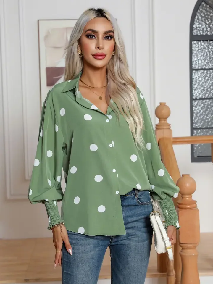 Green Shirt Women Vintage Polka Dot Print Blouse Female Spring Lantern Sleeve Tops Ladies Elegant Casual Single Breasted Blusas