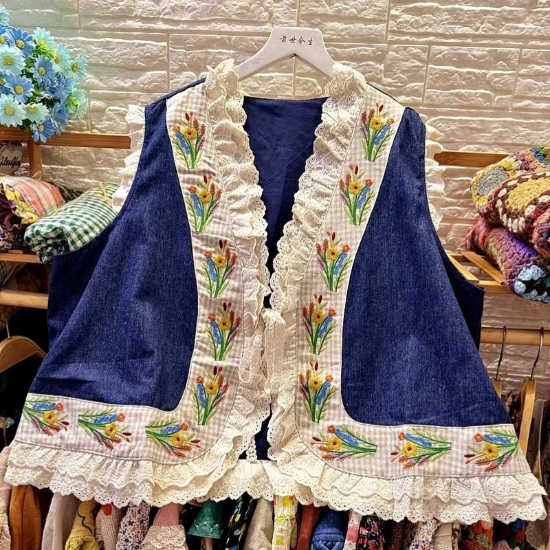 Vintage Denim Patchwork Cotton Lace Floral Embroidery Vest Women Mori Girl Retro Shabby Chic Cottage Core Rococo Victorian Vest