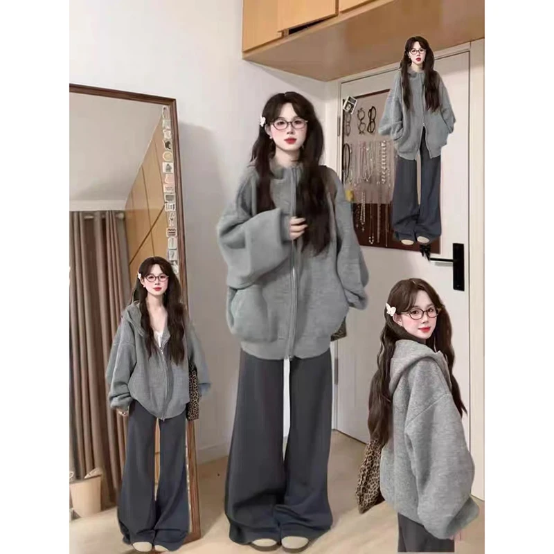 YIBASHU Damen Grauer Cardigan Pullover Vintage 2000er Y2k Pullover Strickwaren Lange Ärmel Oversize Kapuzenpullover Herbstkleidung