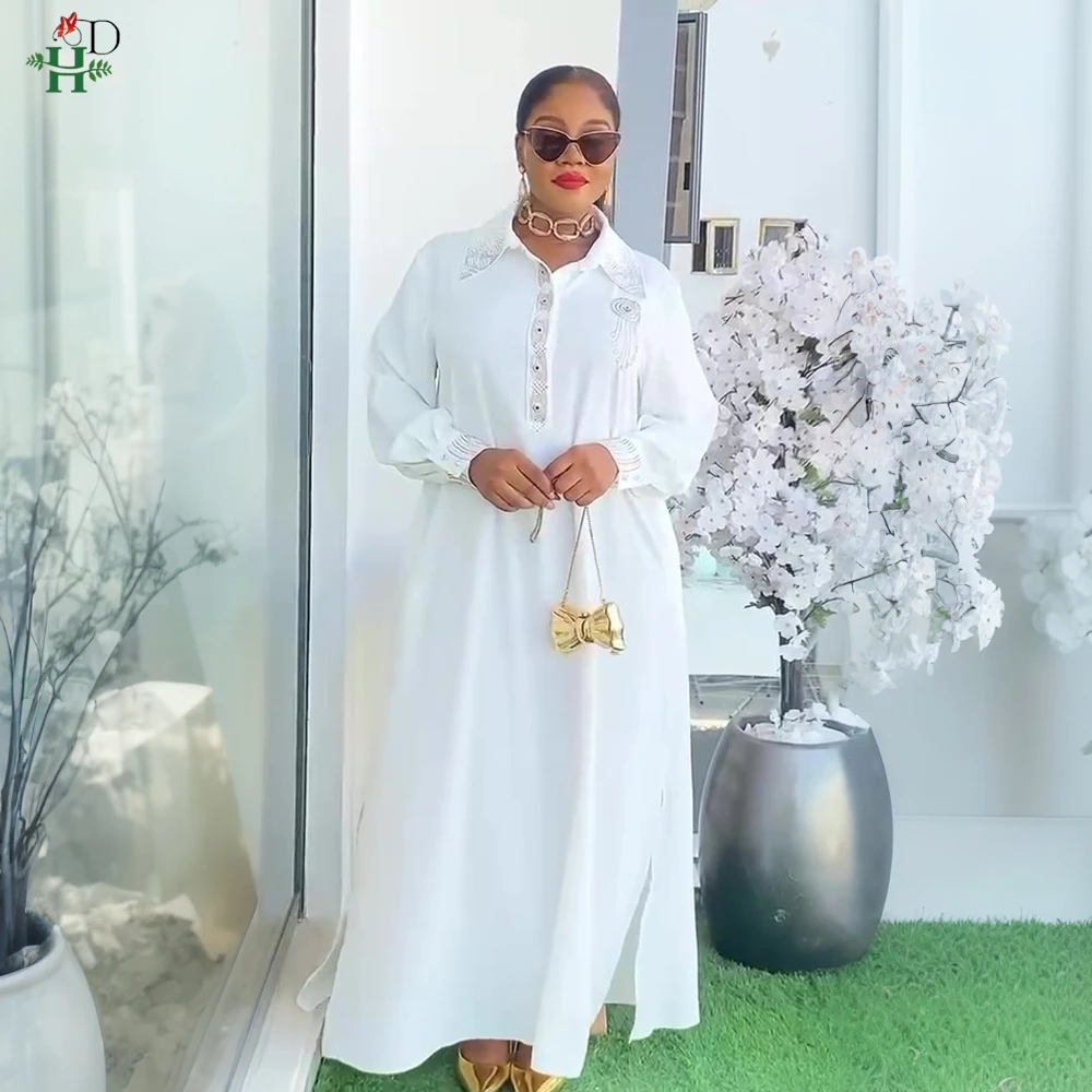 2025 Nuovo abito camicia africana taglie forti per donna Elegante Dubai Turchia Africa Abbigliamento Camicia da festa Colletto Abito quotidiano Abito tubolare