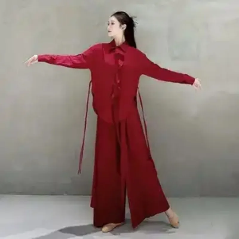 Women Loose Flowy Shirt Wide Leg Pants Two Piece Modern Dance Practice Outfit Stage Performance Costume