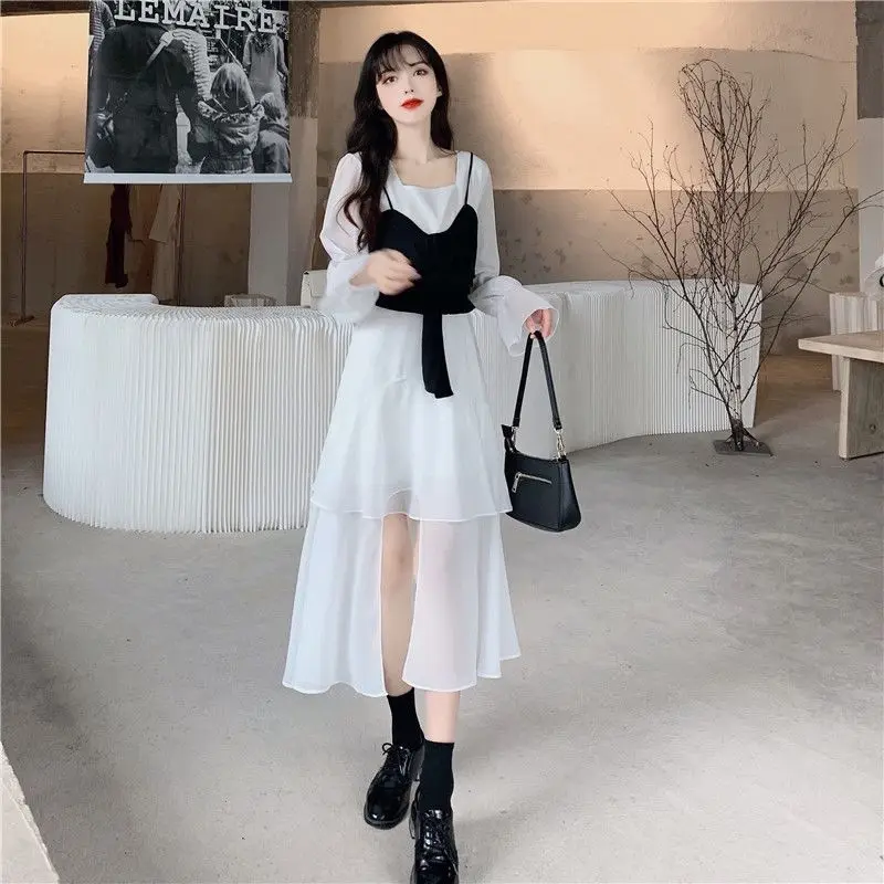 Feminino graciosa midi alargamento manga vestido de duas peças conjunto 2022 primavera outono senhora camadas elegantes vestidos brancos colete preto outfits