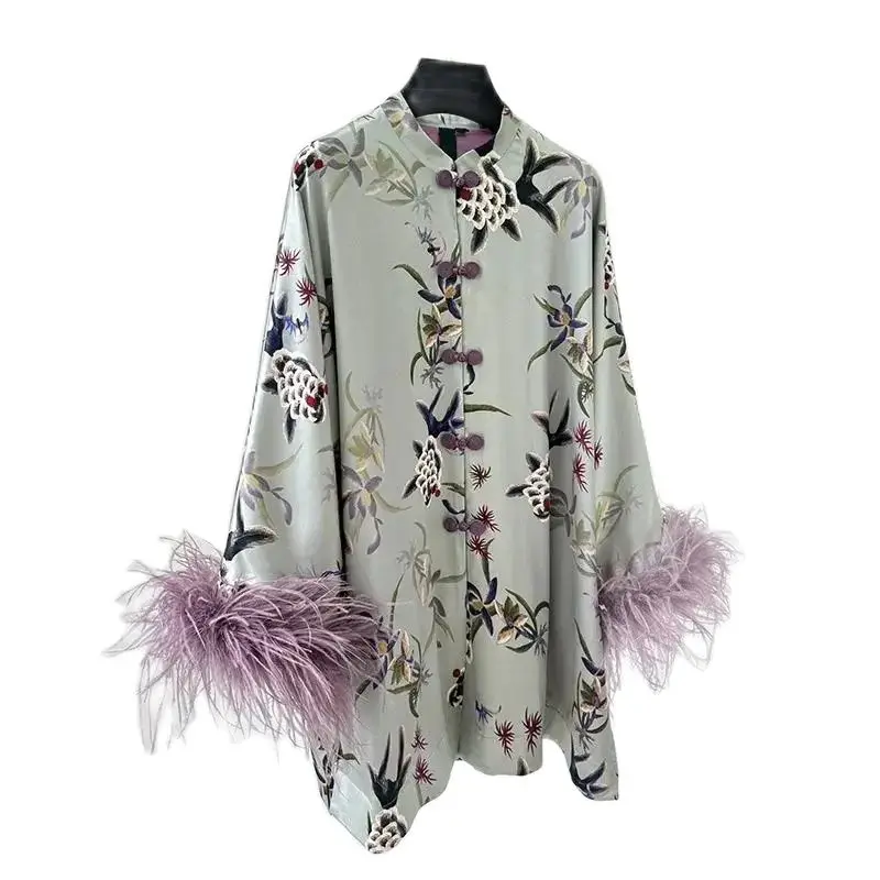 Spring Autumn New Chinese Style Coat Women 2024New Fashion Loose Casual Tops Plume Jacket Button Printing Sunscreen Shirt Female