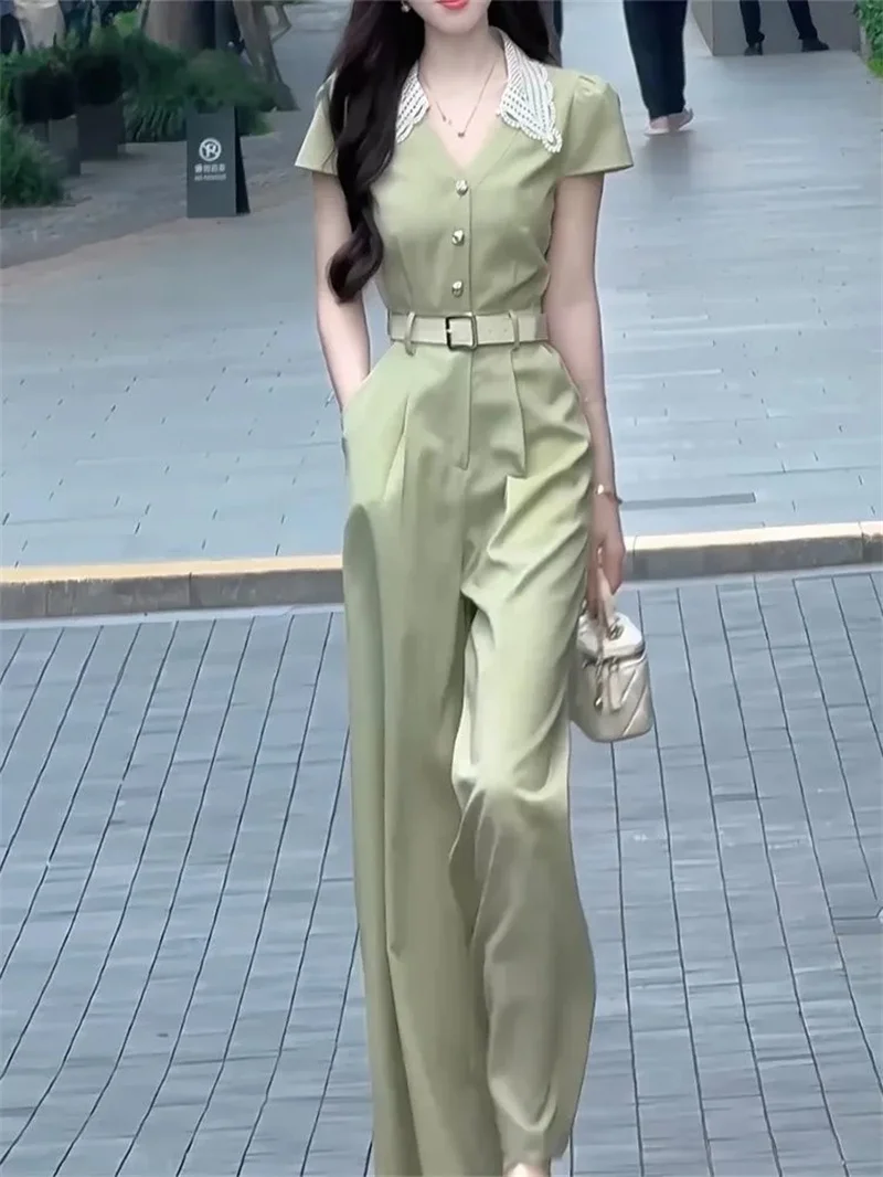 

Long Women's Rompers Lazy Style Slimming Short Sleeved Jumpsuit For Women 2024 Summer New Fashion French V-neck Versatile trend