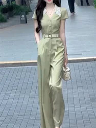 Long Women's Rompers Lazy Style Slimming Short Sleeved Jumpsuit For Women 2024 Summer New Fashion French V-neck Versatile trend