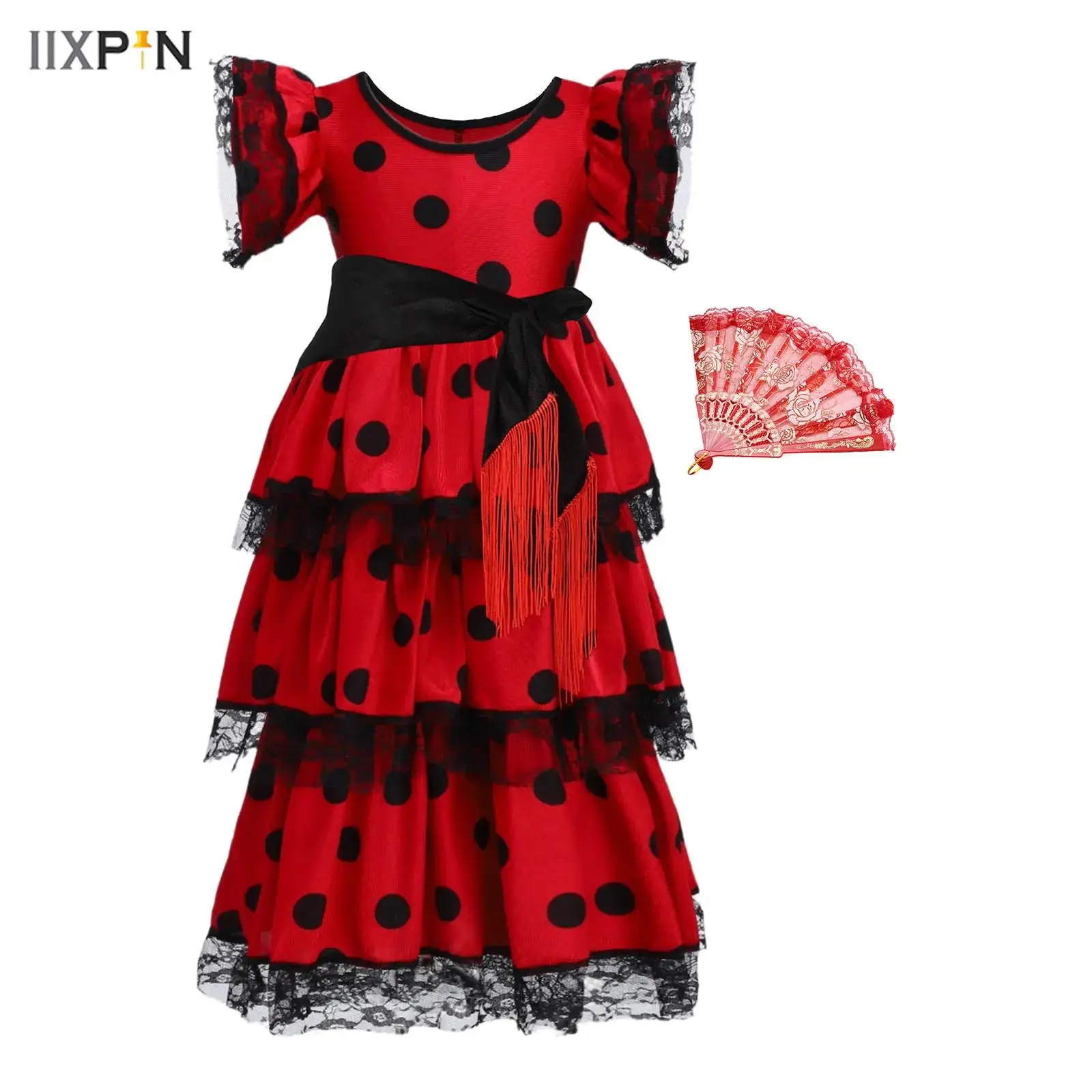 

Kids Girls Spanish Flamenco Dress Flying Sleeves Polka Dot Lace Hem Layered Ruffled Dress+Matched Fan+Side Tie-Up Waist Belt