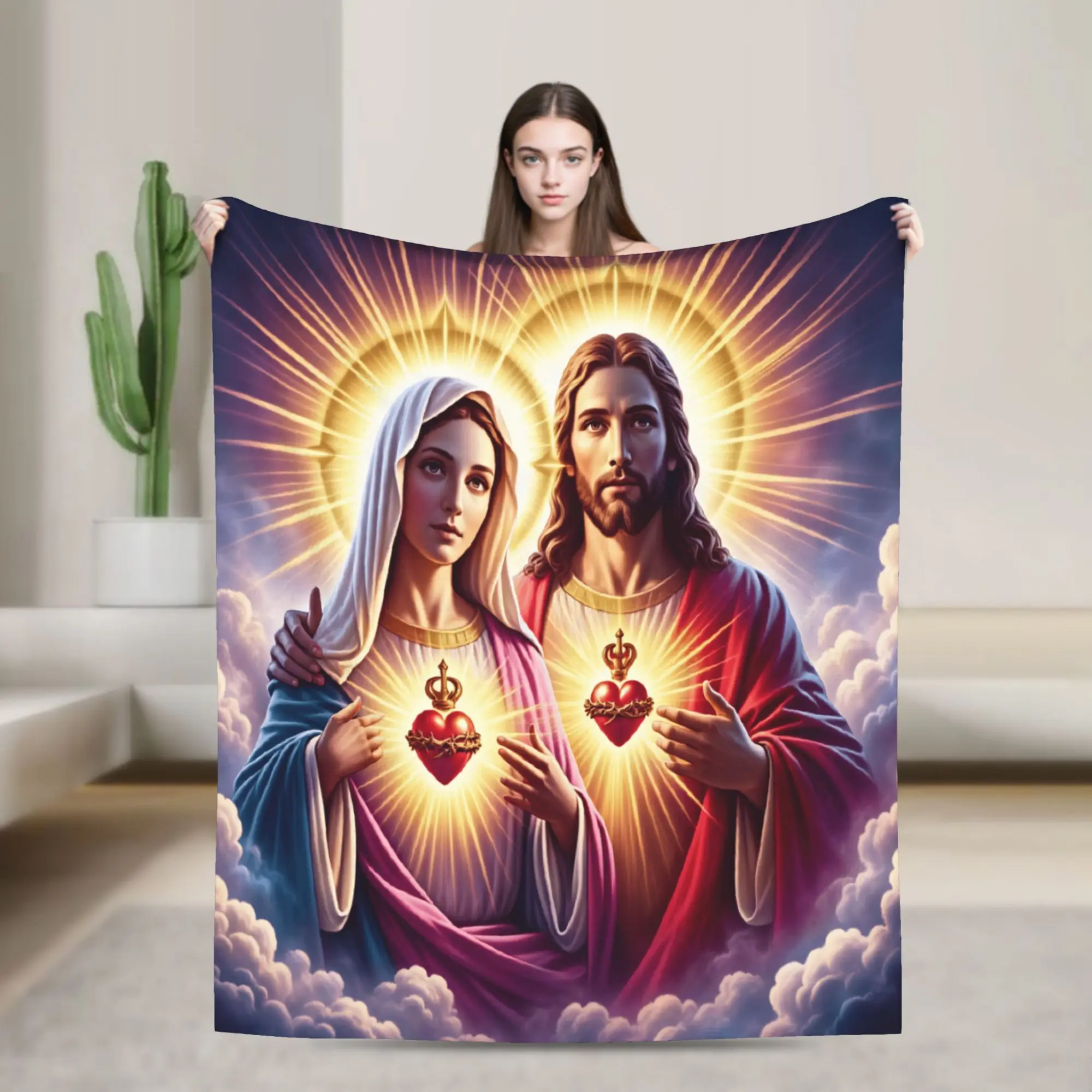 Sacred Heart of Jesus and Immaculate Heart of Mary Blanket Girl  Flannel Throw Blanket For Living Room Quality Bedspread Gift