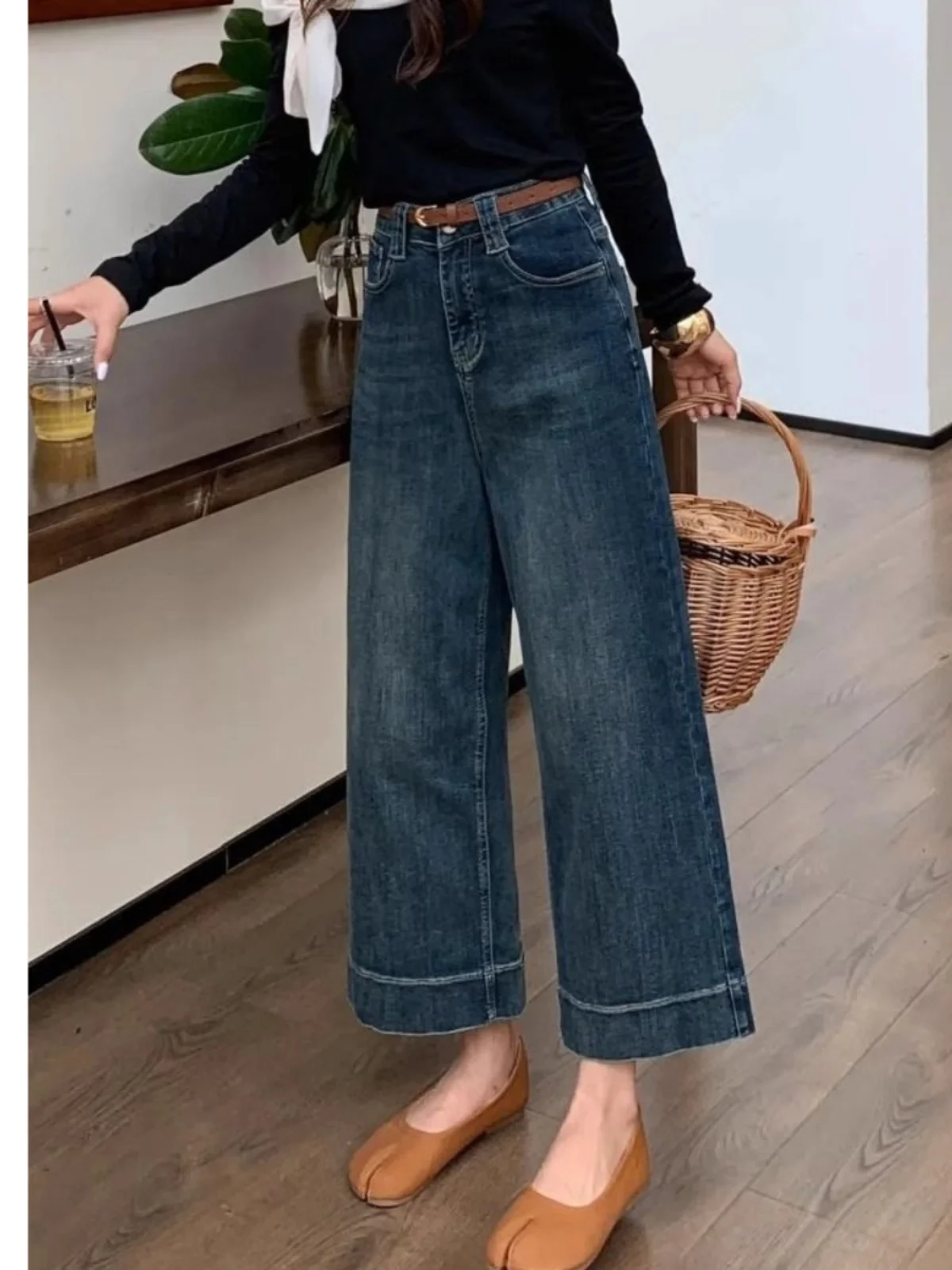 

Джинсы с высокой талией и широкими штанинами, утягивающие, больших размеров, весенне-осенние, свободного кроя, длиной 7/8, для женщин с фигурой типа «груша»