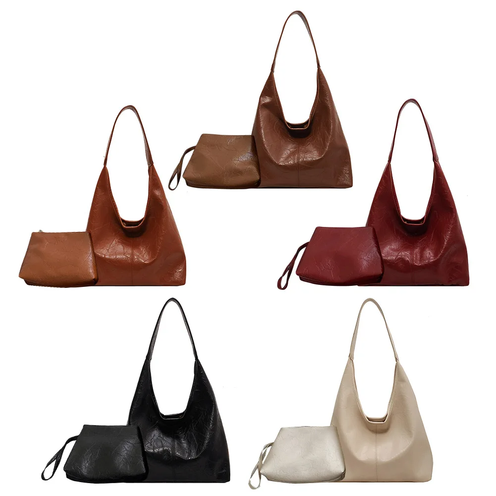 Women Leather Shoulder Bag Versatile Soft Underarm Bag Soft Hobo Bag and Clutch 2pcs Shoulder Bag and Handbag Set Shopping Bag