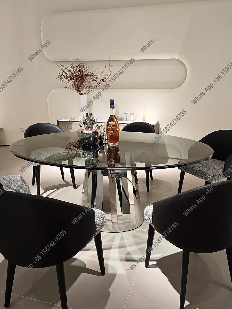 

Stainless steel modern designer double layer laminated tempered glass dining table Italian minimalist oval