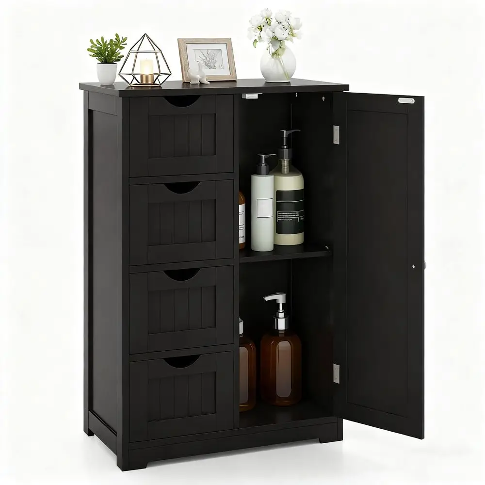 

Напольный шкаф для ванной комнаты, боковой органайзер для хранения с 1 шкафчиком и 4 ящиками, деревянный шкаф для хранения с регулируемой полкой