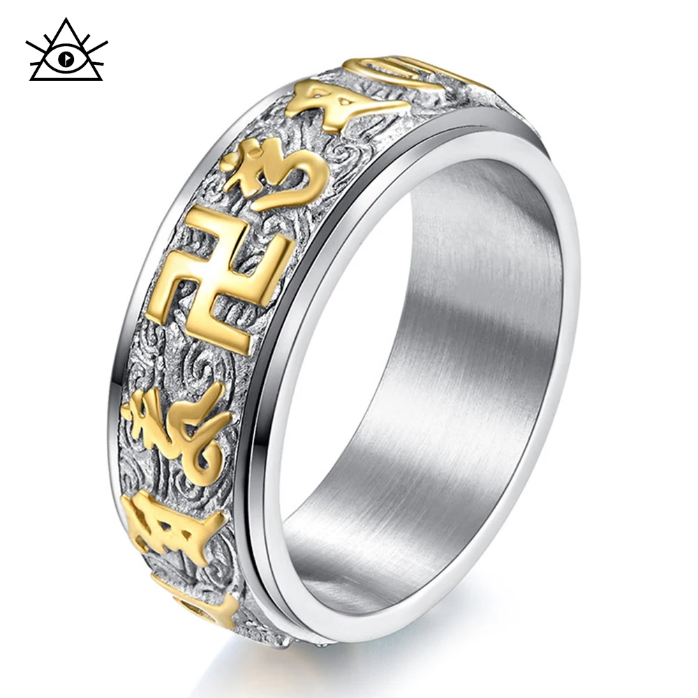 Stainless Steel Tibetan Buddhist Mantra Sanskrit Rotating Double-layer Ring Unisex Anxiety Relief Rings