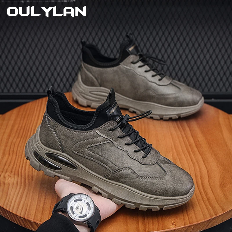 

Oulylan Men's New Breathable Sneakers Leather Design Trendy Versatile Thick soled Sports Leisure Running Shoes