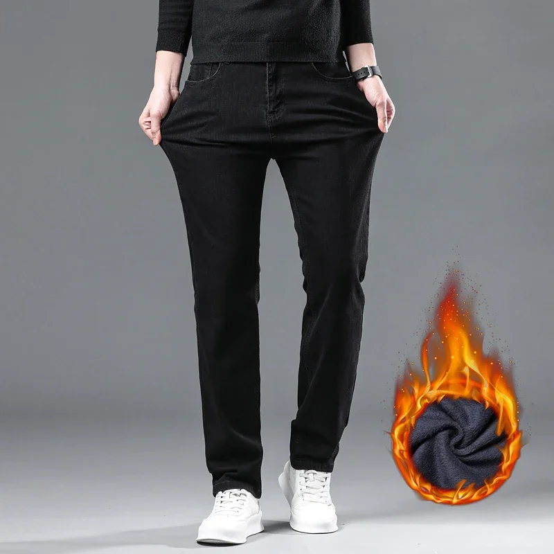 Pantalones vaqueros de lana de invierno para hombre, pantalones vaqueros informales de negocios cálidos de pierna recta de terciopelo clásico, pantalones de trabajo negros a la moda