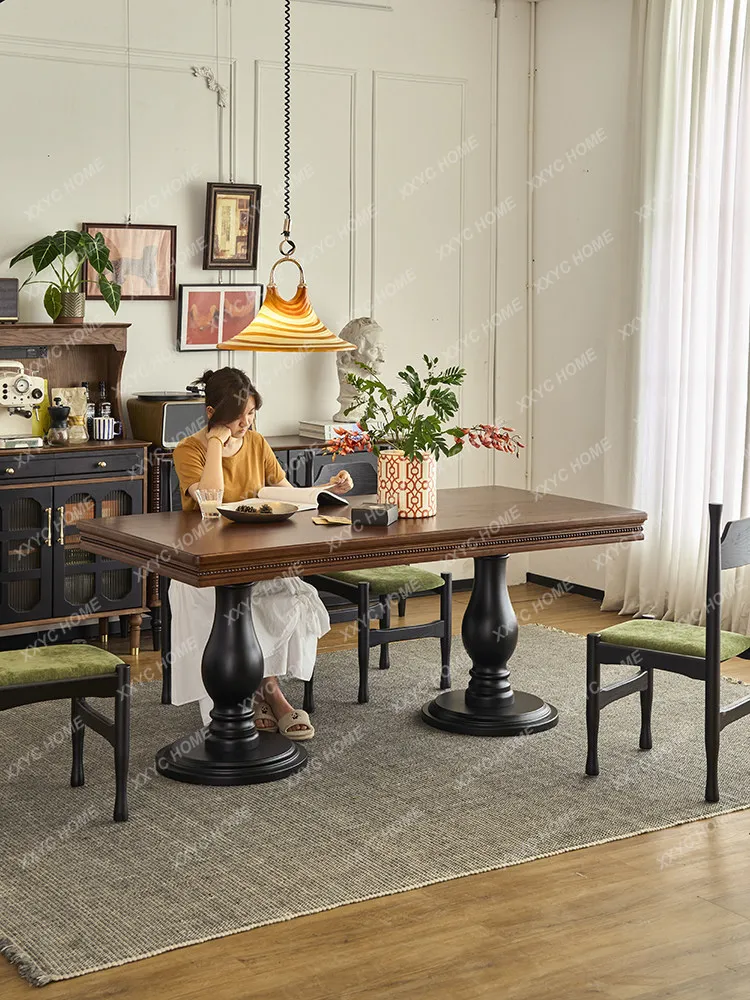 

Vintage solid wood dining table and chair set - compact rectangular large board table with six chairs for home use