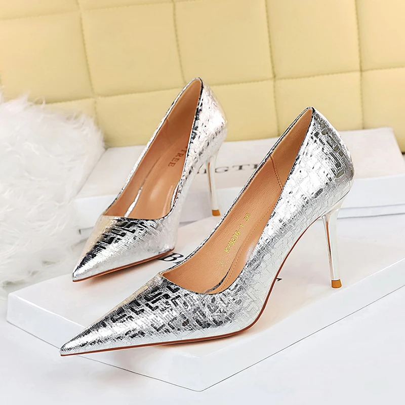 

Pointed Stiletto Solid Color Women Pumps High Heels Sequins QR Code Slim Woman Shoe Elegant Ladies Dress Shoes Office Work Shoes