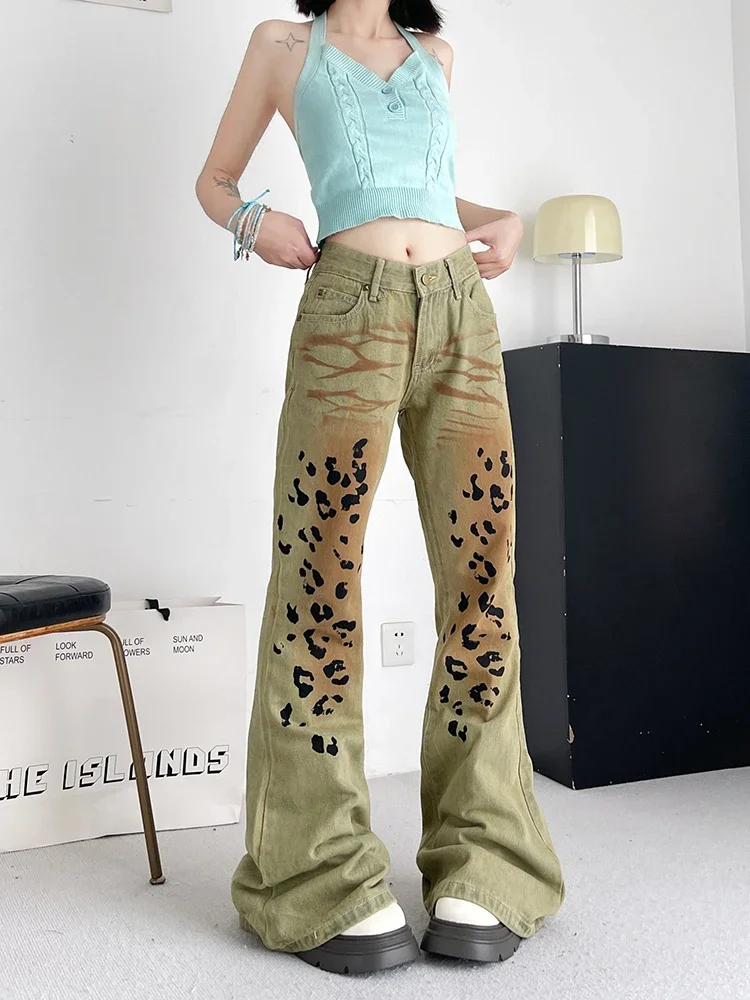 Fashion Slim High Waist Woman Jeans Casual Worn Leopard Pattern Straight Pants Female Chic Y2k American High Street Women Jeans