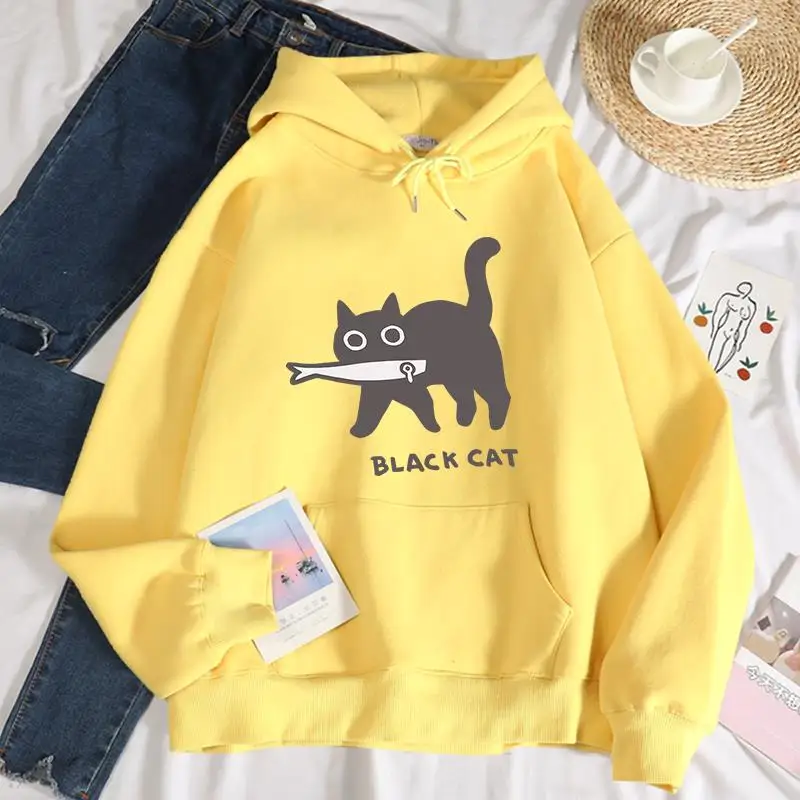 Casual Womens Hoodies Black Cat Eat Fish Printing Sweatshirts Breathable Loose Fleece Warm Pullovers Autumn Winter Streetwear