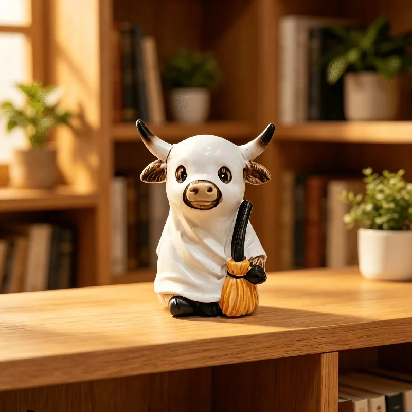 Halloween Highland Cow Figurine With Pumpkin, 3 Styles Available(Mummy//Grim Reaper), Desktop Ornament, Resin Halloween Decor.