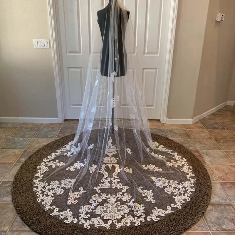 Luxury White Cathedral Veil with Heavy Baroque Lace Applique Border and Scattered Floral Embroidery Customized V265268