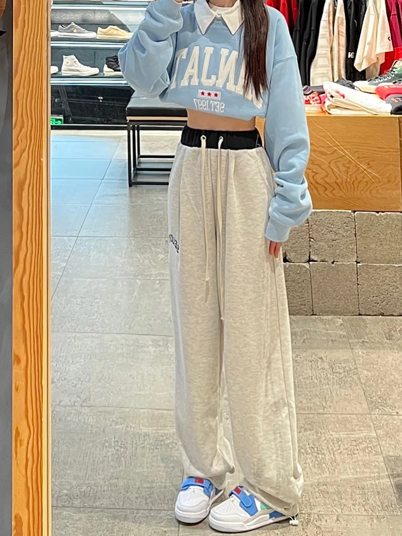 Damskie spodnie sportowe w stylu retro, z wysokim stanem, szerokimi nogawkami, luźne, proste, wygodne, idealne na zimę.