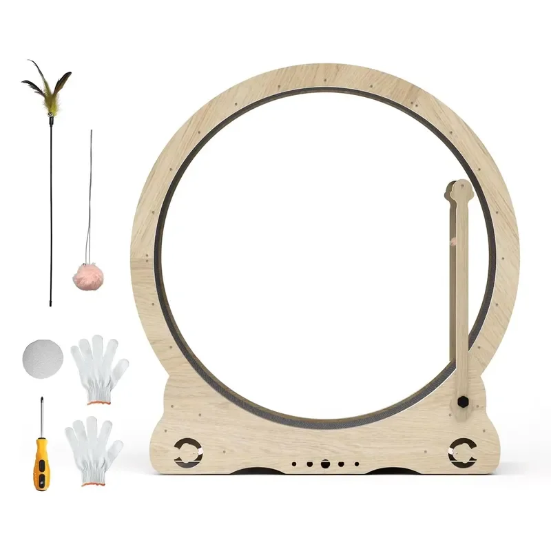 Wholesale Natural Wood Indoor Cat Exercise Wheel with Teaser Toy Fitness Running Track for Cats Home Pet Activity Center