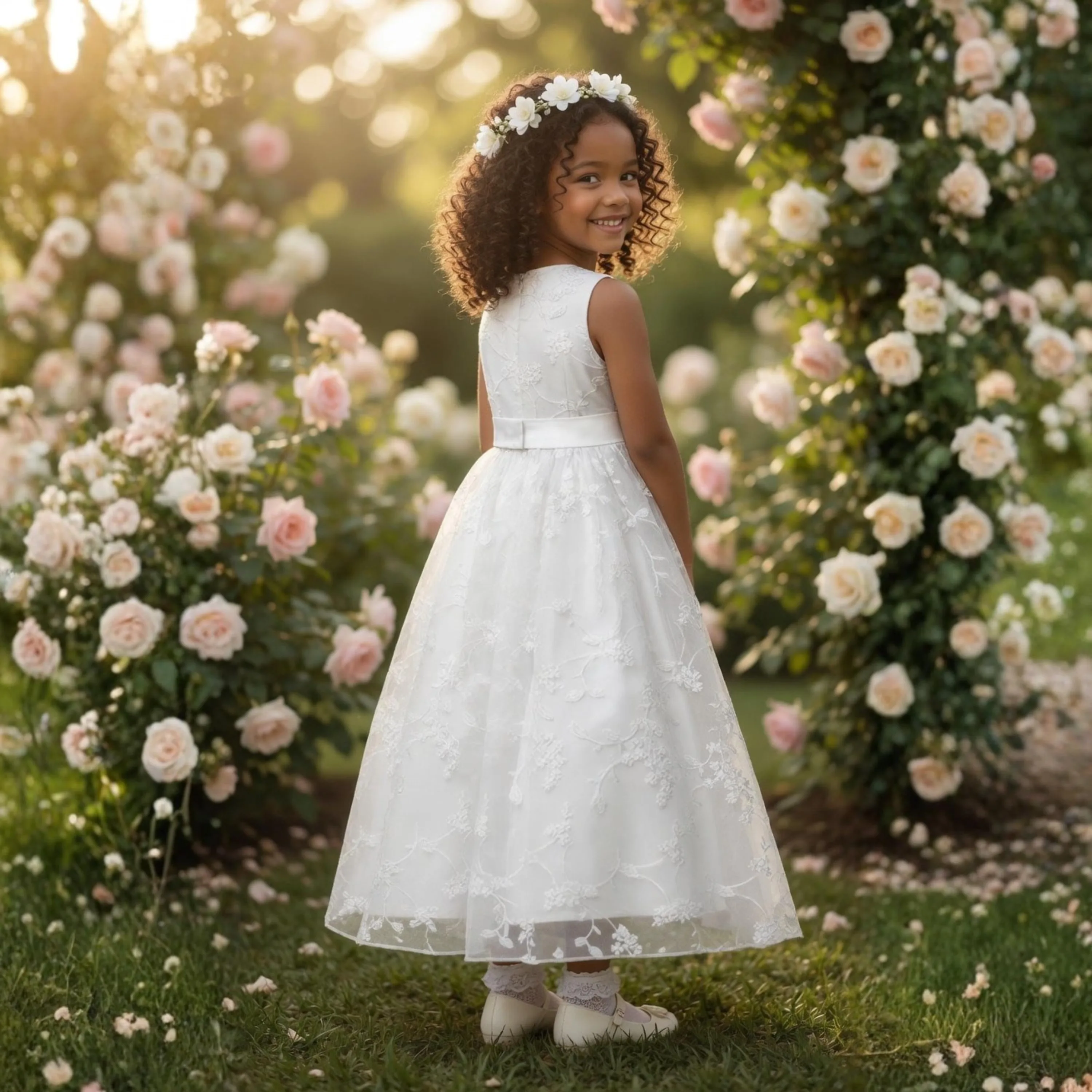 Custom Sleeveless Lace Embroidered Tulle Flower Girl Dress For Luxury Wedding Birthday Party Pageant Runway Formal Kids Gown