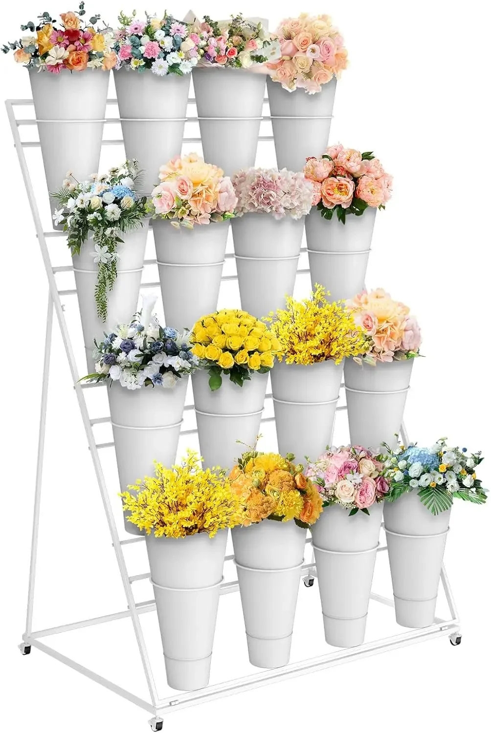 4 Tier Flower Display Stand with 16 Buckets 4 Layer  Stand with Wheels Movable Plant Display Stand Heavy Duty Moving