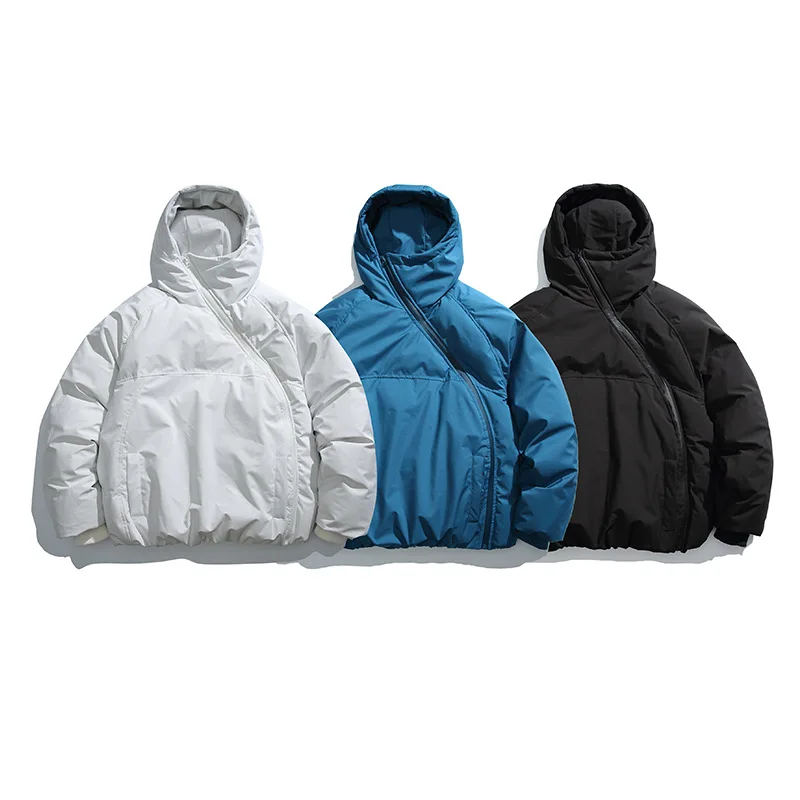 

Мужская зимняя хлопковая куртка с диагональной молнией, толстая уличная теплая куртка с капюшоном для пары, повседневная уличная одежда, мужские зимние куртки