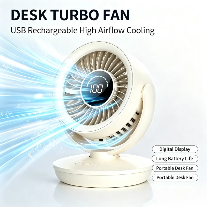デジタルディスプレイ付きusb充電式ターボデスクファン、高風量、長時間バッテリー駆動、オフィス、寮、旅行に最適