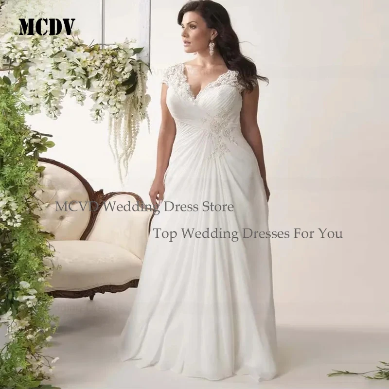

MCDV Customized Boho Plus Size Wedding Dresses 2026 A Line V Neck Appliques Chiffon Sexy Bridal Gowns Lace Up Vestidos de Novia