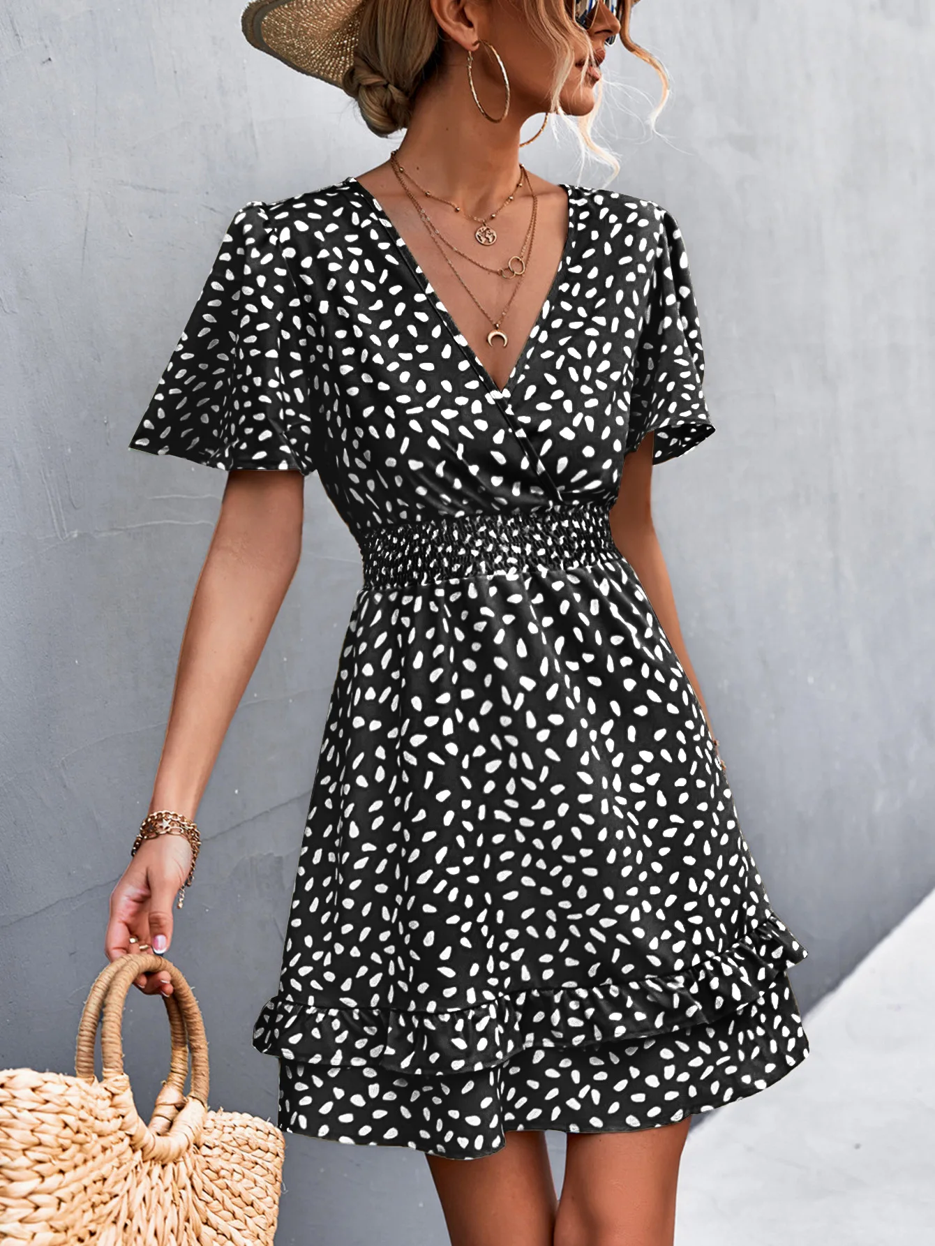 New Spring/Summer Fashion, Elegance, Leisure Commuting Print, Slim Fit, Sexy V-neck, Lotus Leaf Sleeves, Waist Wrap Dress