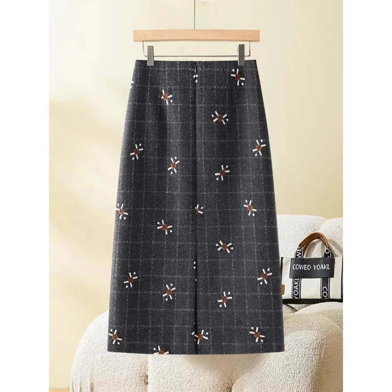 Черная шерстяная юбка-миди в клетку для женщин, потрясающая клетчатая облегающая юбка трапециевидной формы с миниатюрной вышивкой