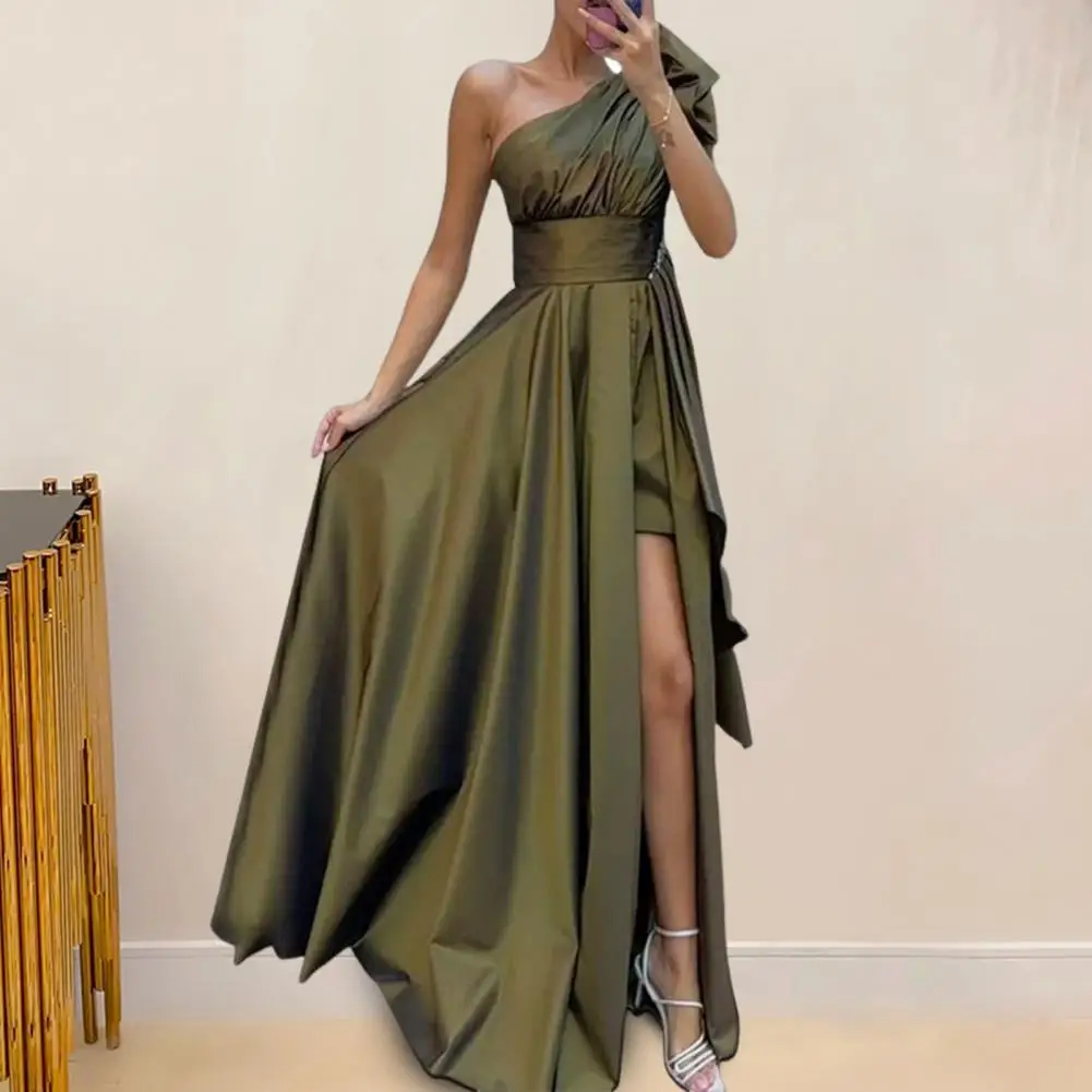 

Women Evening Dress High Slit One Shoulder Sleeveless Pleated Cocktail Wedding Party Banquet Maxi Dress Ball Gown