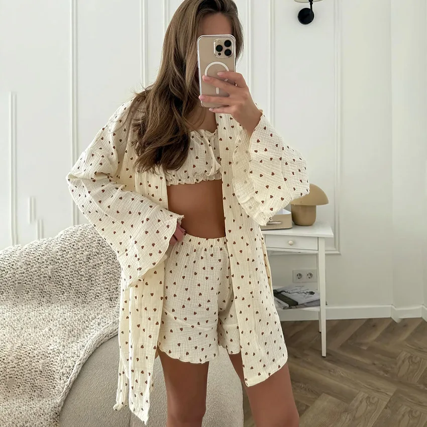 

2026 Pajamas Women's Long-sleeved Underwear and Shorts Three-piece Loungewear Women Can Wear Outside