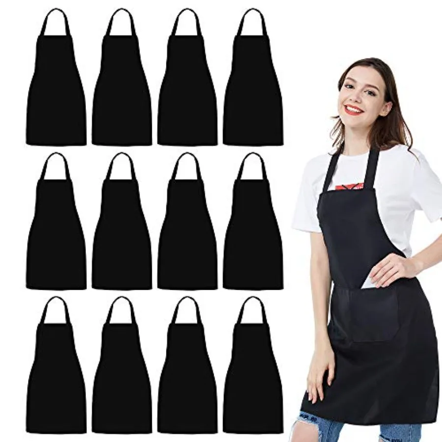 

BONDO 12 Pack Bib Apron - Unisex Black Apron Bulk with 2 Roomy Pockets Machine Washable for Kitchen Crafting BBQ Drawing