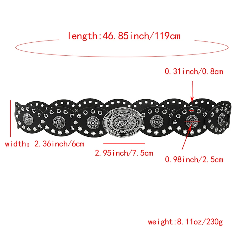 Women Vintage Personality Disc Belt Hollow-Out Metal Oval Waistband Jeans Dress Sweater Decorative Adjustable Belt Retro 80s 90s