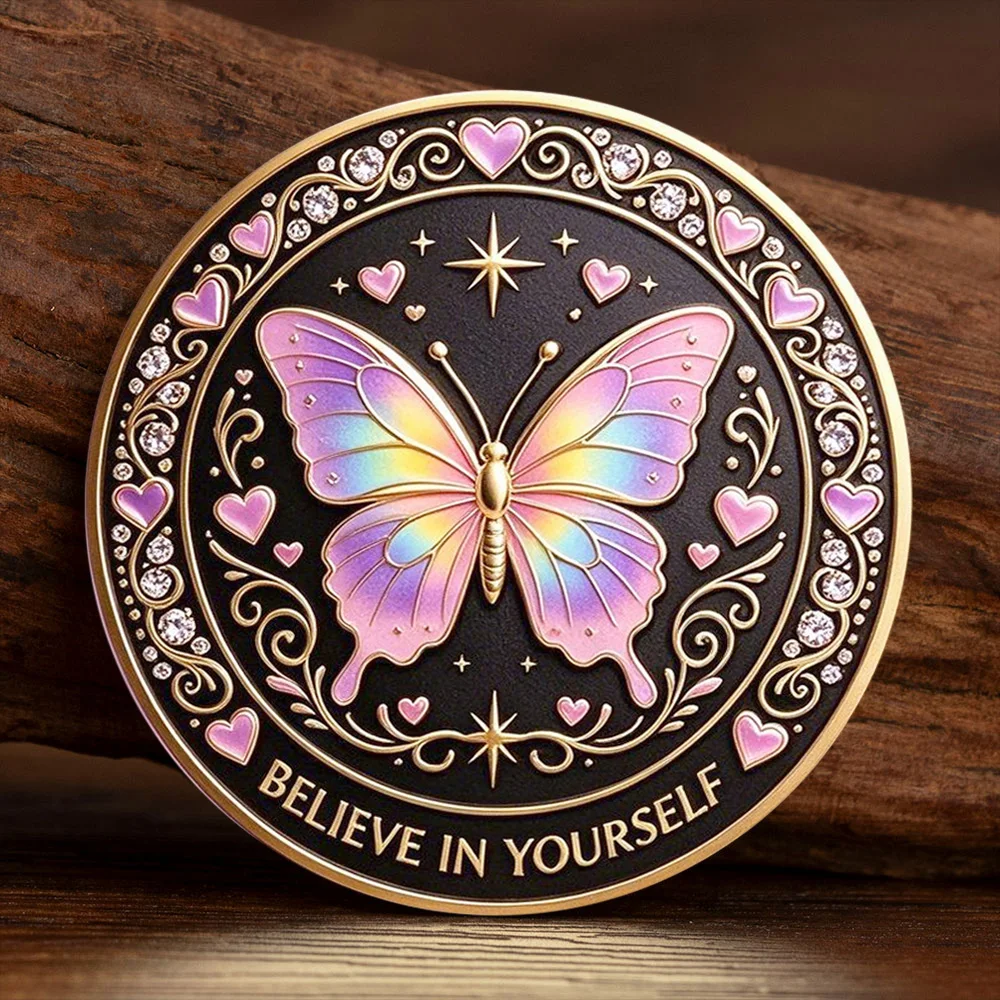 Butterfly Transformation Souvenir Coin I AM Believe in Yourself Inspirational Positive Gold Plated Collection Coin Lucky Gift