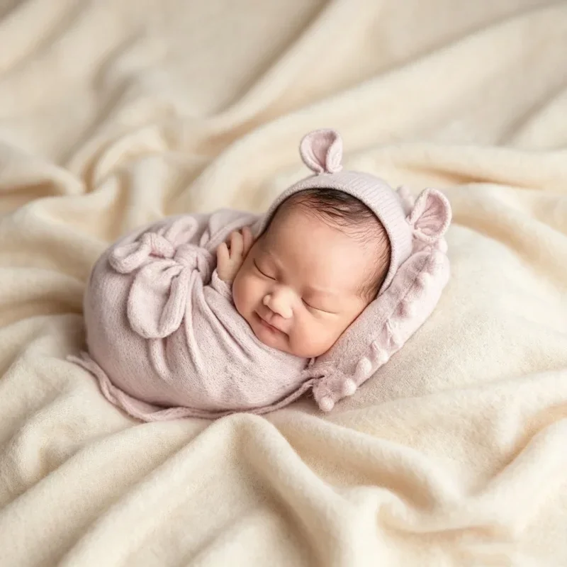 3pcs Bear Ear Hat Swaddle Wrap Pom Pom Pillow Set Soft Fabric Posing Outfit Accessory For Indoor Studio Portrait Shooting Props