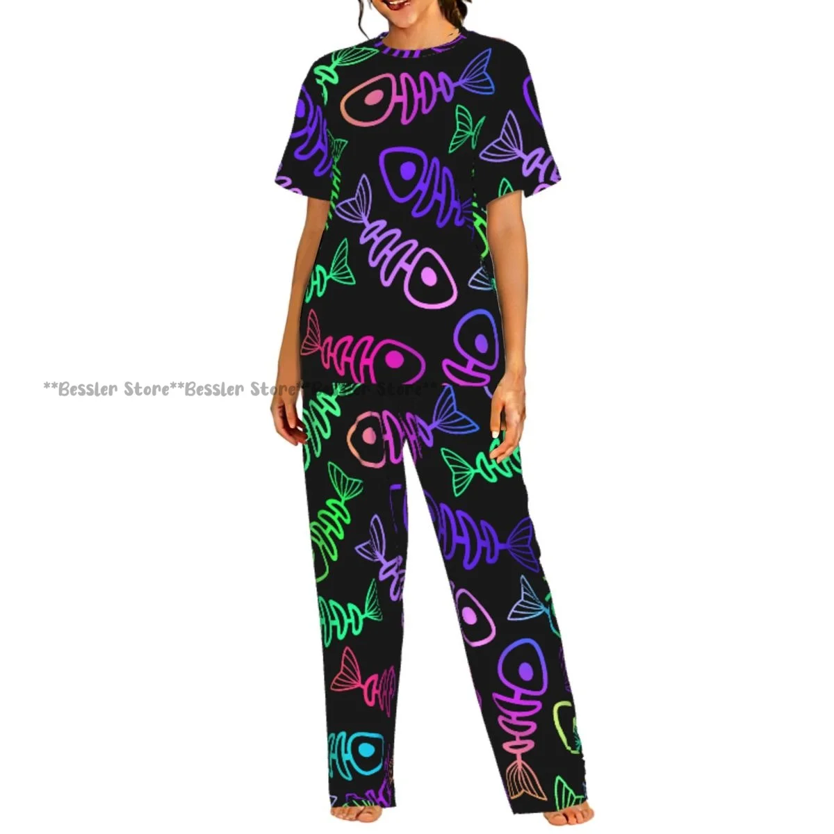 

Женский комплект из 2 предметов: пижама с неоновым принтом «Рыбные скелеты», топ с короткими рукавами и брюки для сна