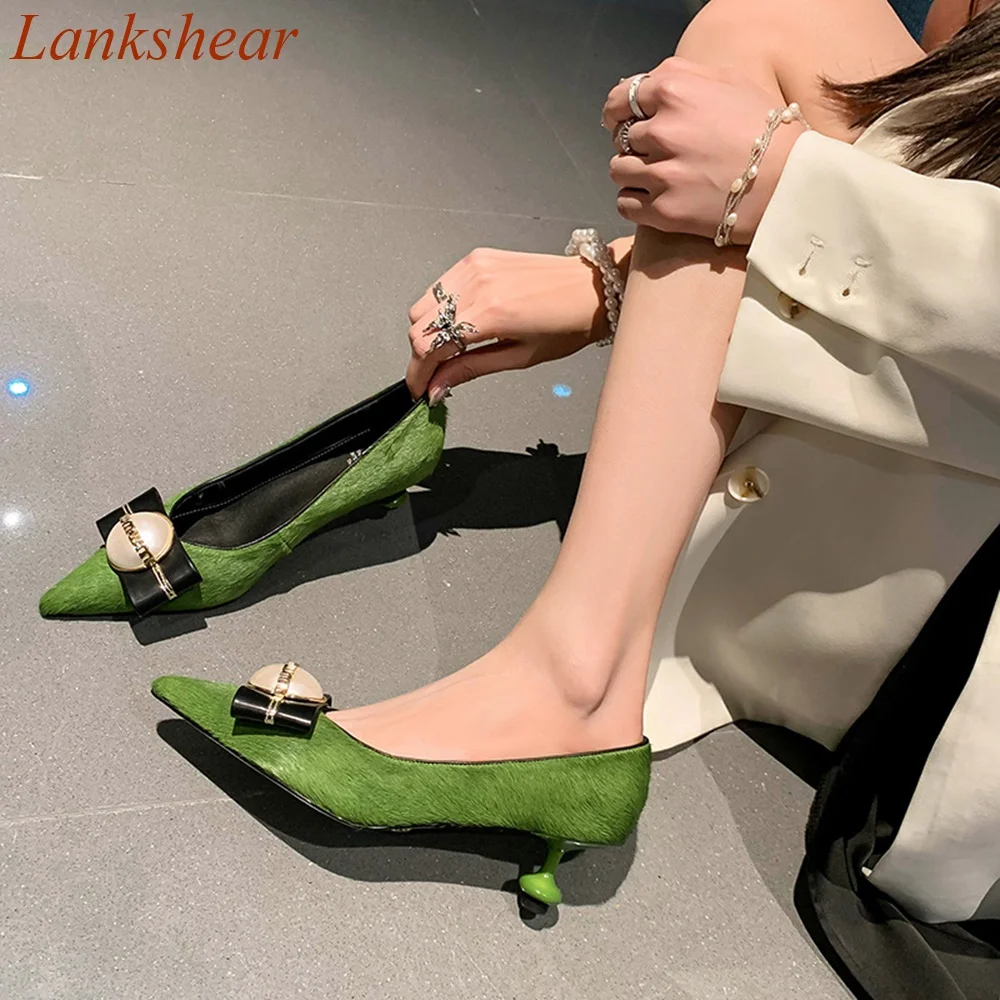 

Pointed Toe Butterfly Knot Women Pumps Kitten Heel Pearl Shallow Fashion Slip On Cover Heel Sexy Women Shoes 2024 New Arrivals