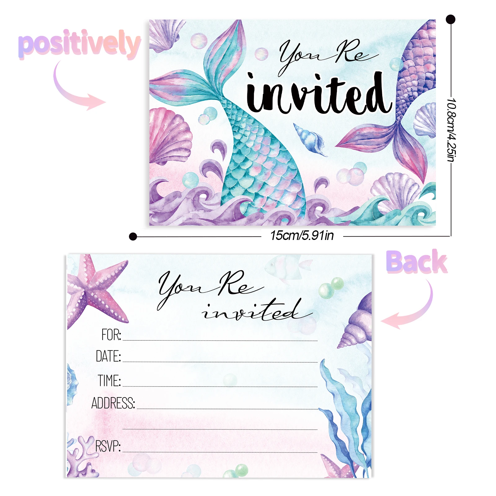 بطاقة دعوة لحفلة عيد الميلاد ، دعوات لطيفة ، حورية البحر تحت الماء ، حيوان بحري ، أرجواني ووردي ، 12 * #2