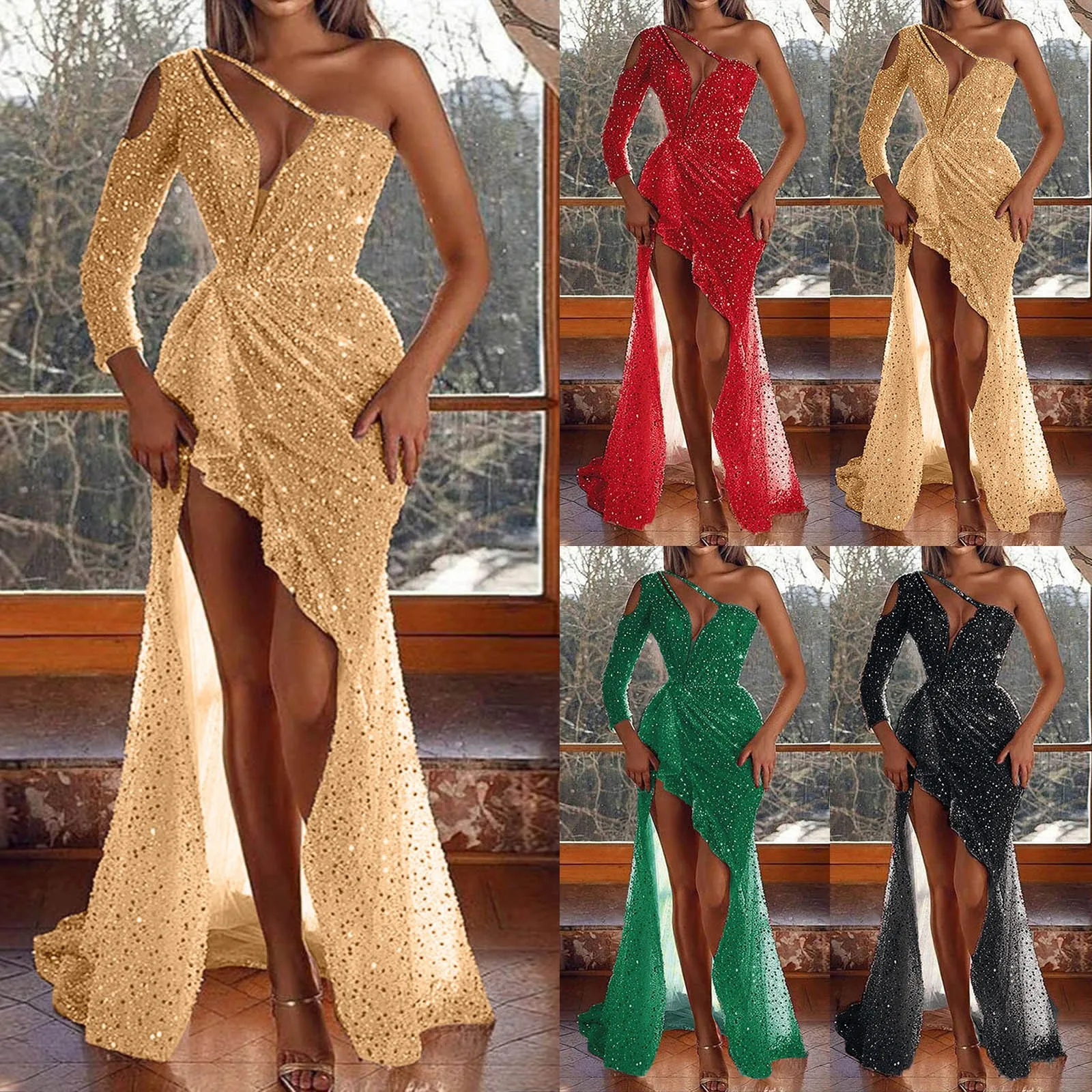 Elegante vestido de costas abertas feminino, cintura alta, ajuste fino, dourado, um ombro, decote em v, banquete, formal, envoltório sexy no chão, wrap hip