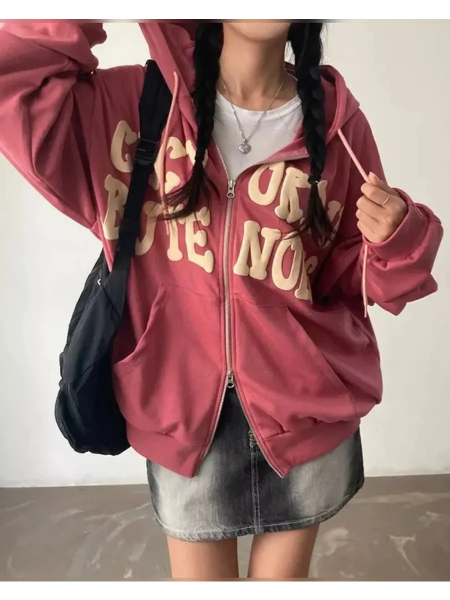 Women Y2k Spring Print Streetwear Sweatshirt Jacket Casual Winter Letter Loose Hoode Zipper Up Sweatshirt