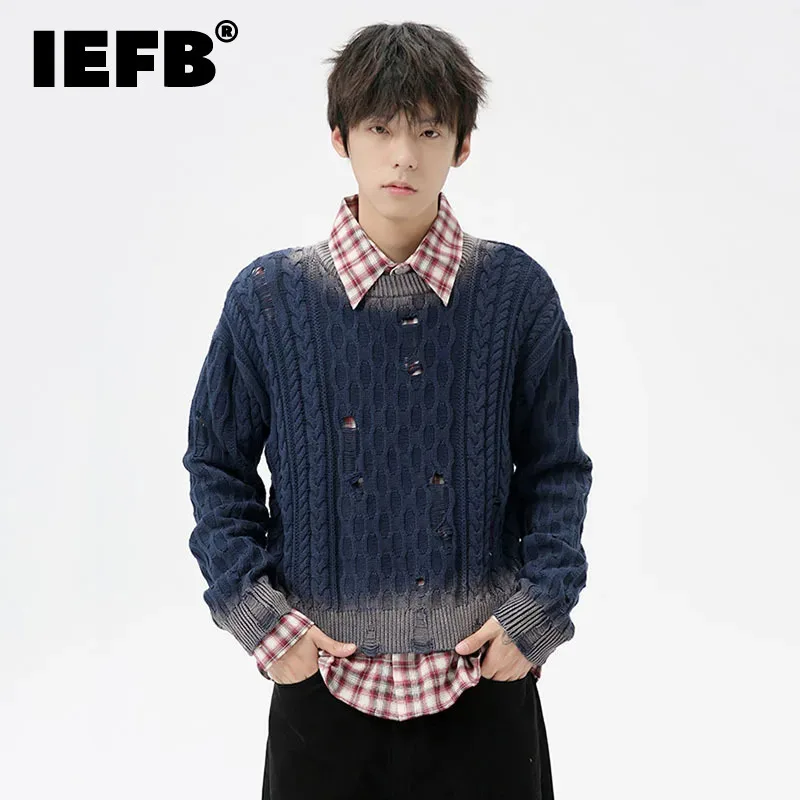 

IEFB Niche Design Men's Sweater Vintage Hollow Out Hole Gradient Color Round Collar Loose Male Pullover Tops Fashion 2024 9C7042